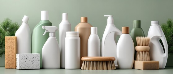 Different cleaning tools and solutions are displayed on a green surface, perfect for tasks like dusting, wiping, and mopping