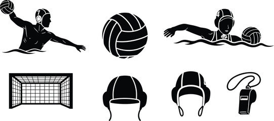 Water polo player ball goal cap and whistle icons sport, water polo, sport, athlete, swimming, ball, goal, net, cap, whistle, lifeguard, competition, game, team, action, black and white, silhouette, i