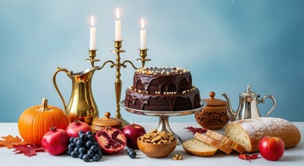 Fototapeta premium A festive table with chocolate cake, fresh fruits, bread, nuts, and lit candles for an evening celebration indoors
