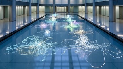Futuristic Corporate Atrium Water Feature Modern Architecture Abstract Light Art Data Visualization Blue Interior Design Concept - Powered by Adobe