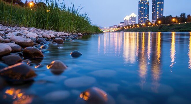 Illuminated city buildings and streetlights reflecting on a river with rocks and green grass at dusk