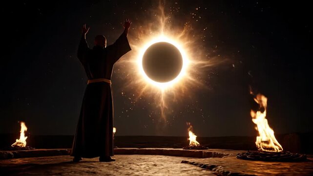 Man cultist performing a ritual under a solar eclipse with fire, occult conspiracy theory concept footage