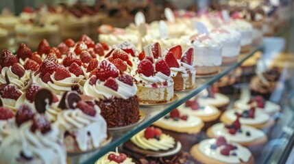 Assorted small cakes with cream and strawberries on a display shelf in a bakery or dessert shop.