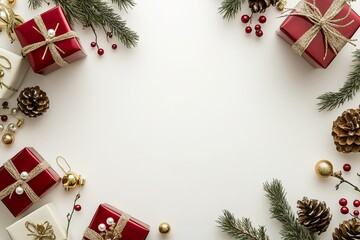 Festive holiday decorations and wrapped presents frame a central white copy space for design.
