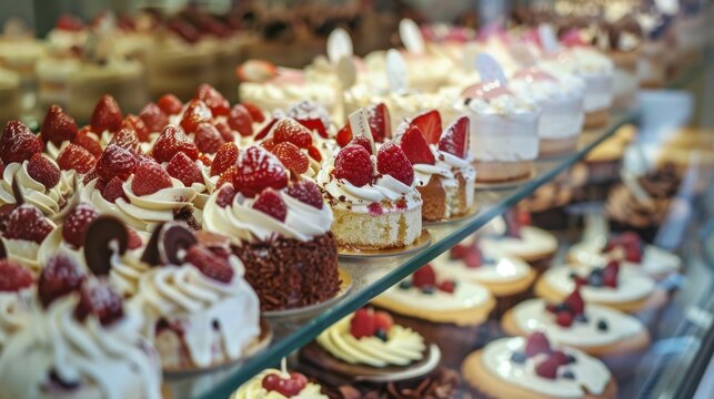 Assorted small cakes with cream and strawberries on a display shelf in a bakery or dessert shop.