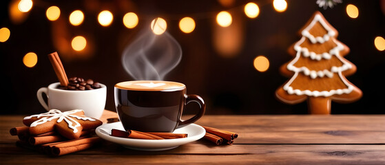 Hot coffee with cinnamon sticks and Christmas cookies