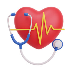 3d render of a healthy human heart with stethoscope and ecg line isolated on transparent background