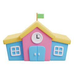 Vibrant cartoon 3d render of school building with flag and clock isolated on transparent background
