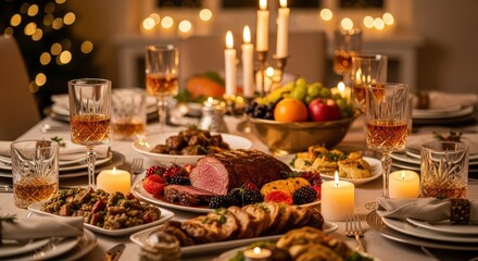 Festive holiday dinner table laden with roast beef, side dishes, fruit, and lit candles in a cozy dining room at night