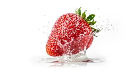 Fresh strawberry splashing into water with droplets
