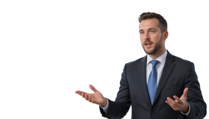 : Engaged Businessman or Speaker in a Suit Gesticulating with Open Hands While Talking