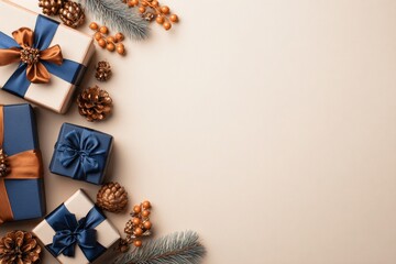 Assortment of elegantly wrapped presents and natural holiday decorations arranged on a light surface with copy space
