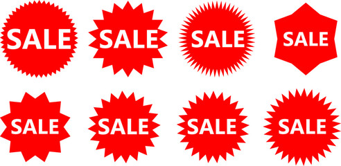 Collection of eight red sale stickers and badges in various starburst shapes isolated on a white background.