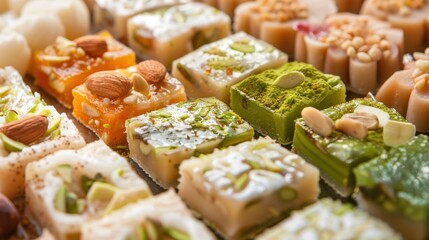 A variety of colorful Indian sweets arranged neatly. The sweets include different flavors and toppings, showcasing vibrant colors and textures.