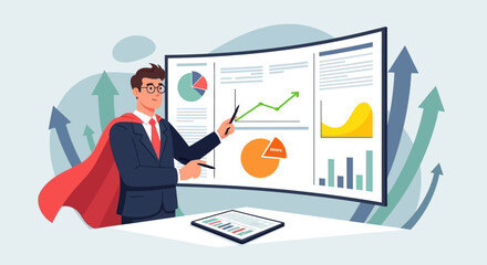 Fototapeta premium Superhero Businessman Presenting Growth Charts and Financial Data Analysis