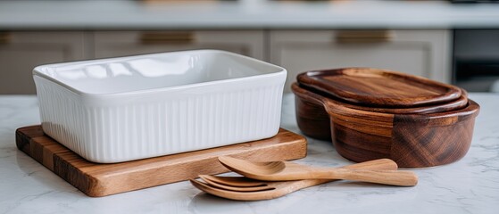 A stylish kitchen shelf holds a variety of wooden plates and bowls, complemented by lush plants and a clean, organized layout