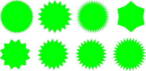 A collection of eight different green starburst and seal shapes isolated on a white background.