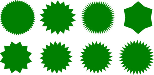 A collection of eight different green starburst and seal shapes isolated on a white background.