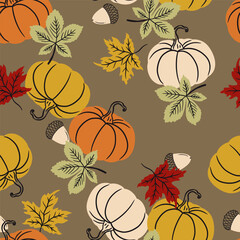Autumn Pumpkins and Maple Leaves Vector Seamless Pattern