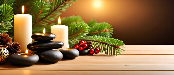Spa candles and zen stones with Christmas pine decoration