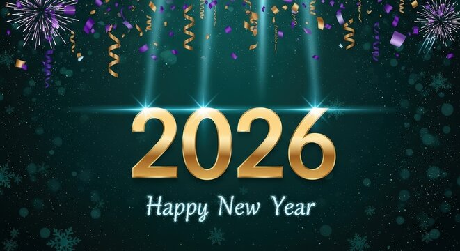 Golden year 2026 with happy new year text on a teal festive background featuring fireworks, confetti, and snowflakes