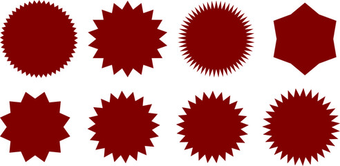 A collection of eight dark red starburst and seal shapes isolated on a white background.