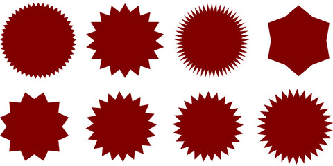 A collection of eight different dark red starburst and seal shapes on a white background.