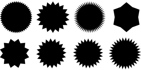 A collection of eight black starburst and seal silhouette shapes on a white background.