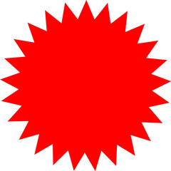A vibrant red starburst shape with twenty-four sharp points isolated on a white background.