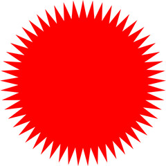 A vibrant red starburst graphic with numerous sharp, spiky points creating a circular seal on a white background.