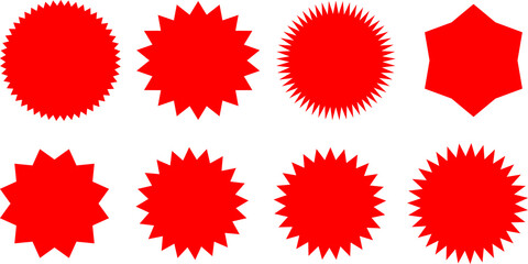 A collection of eight different red starburst and seal shapes on a white background.