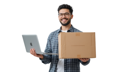 Smiling E-commerce Entrepreneur Holding a Laptop and a Shipping Box, Representing Online Business and Delivery