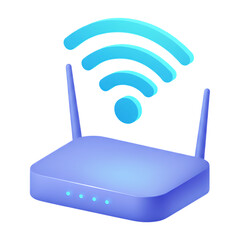 Modern 3d internet wifi router sending out blue wireless signals isolated on transparent background