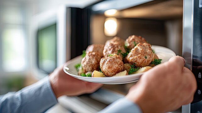 A person takes a plate of vibrant vegetables garnished with herbs from a microwave, ready for a quick and healthy meal