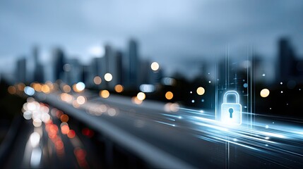 A padlock symbol represents digital security against a backdrop of a bustling city skyline by the water during twilight hours