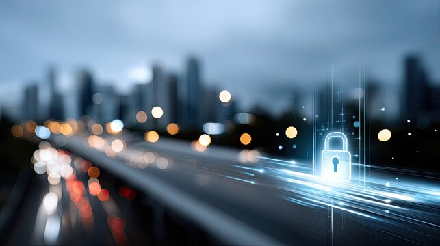 A padlock symbol represents digital security against a backdrop of a bustling city skyline by the water during twilight hours