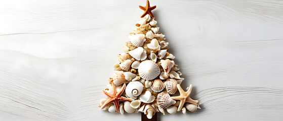 Christmas tree made of seashells and starfish on wood