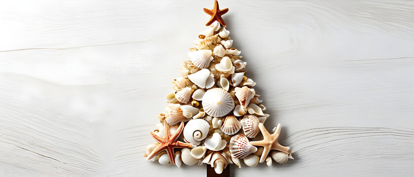Christmas tree made of seashells and starfish on wood - Powered by Adobe