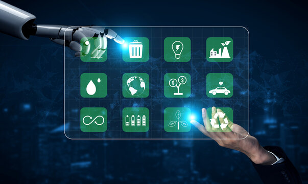 Using AI to manage green energy and sustainability. AI systems for renewable resources and eco friendly technology for environmental protection. Motif - Powered by Adobe