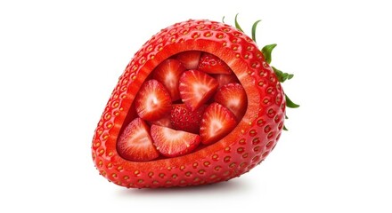 Fresh strawberry with interior slices revealed on white background