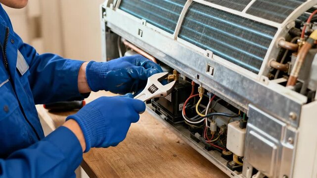 Caucasian man is repairing air conditioner on wood table. Technician is fixing appliance system. Professional maintenance and installation service.