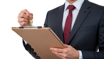 Real Estate Agent or Broker in a Suit Holding a Clipboard and House Keys