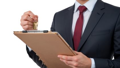 Real Estate Agent or Broker in a Suit Holding a Clipboard and House Keys