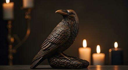wooden raven statue illuminated by candlelight on a dark background for esoteric blogs, gothic home decor, and mysterious storytelling illustrations