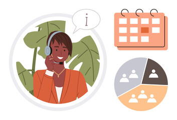 Person speaking on headset, speech bubble, plant backdrop, calendar, and pie chart symbolizing collaboration, planning, organization, scheduling, customer support teamwork simple flat metaphor