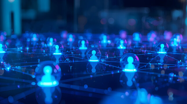 Futuristic Data Network: Abstract 3D Background with Glowing Cyan and Purple Nodes on a Blurred Glass Surface. For Technology Hero Section, Social Platform, and Digital Marketing