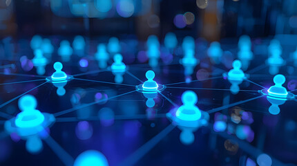 Digital Community Network: Abstract 3D Background of Glowing Nodes and Connections in Blue and Purple. Futuristic Tech Concept for Website Hero, App UI, and Business Presentation.