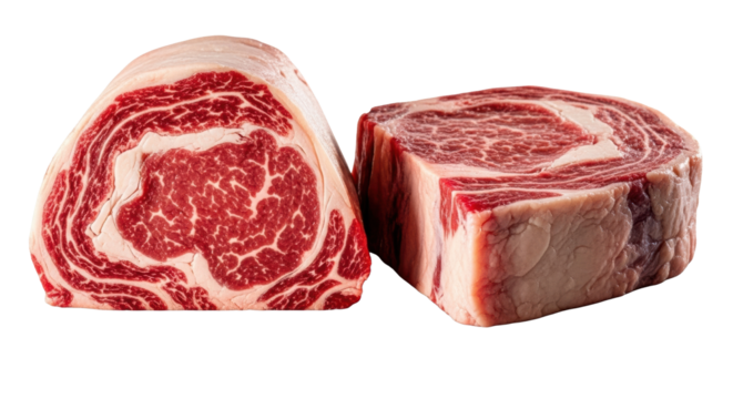 Two premium raw ribeye beef steaks, one sliced diagonally revealing crimson muscle, shimmering white marbling, glistening fat, on a transparent background, dramatic lighting. Concept for professional