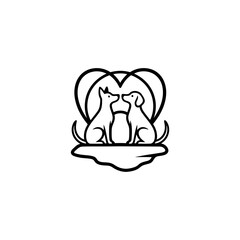 Dogs on rock crest with tails and sun disc behind