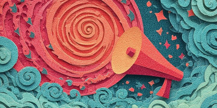 Colorful paper art representation of a loudspeaker surrounded by swirling patterns and stars